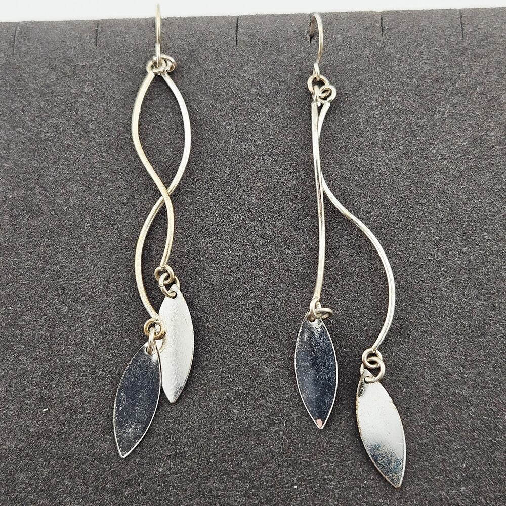 Silver Tone Elongated Metal Swirl Teardrop Charm Earrings Whimsical Dainty Glam